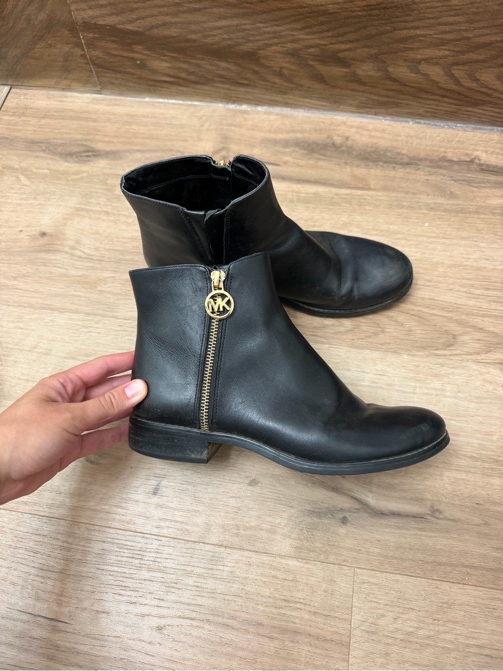 Michael Kors Black Leather Ankle Booties with Gold MK Charm
